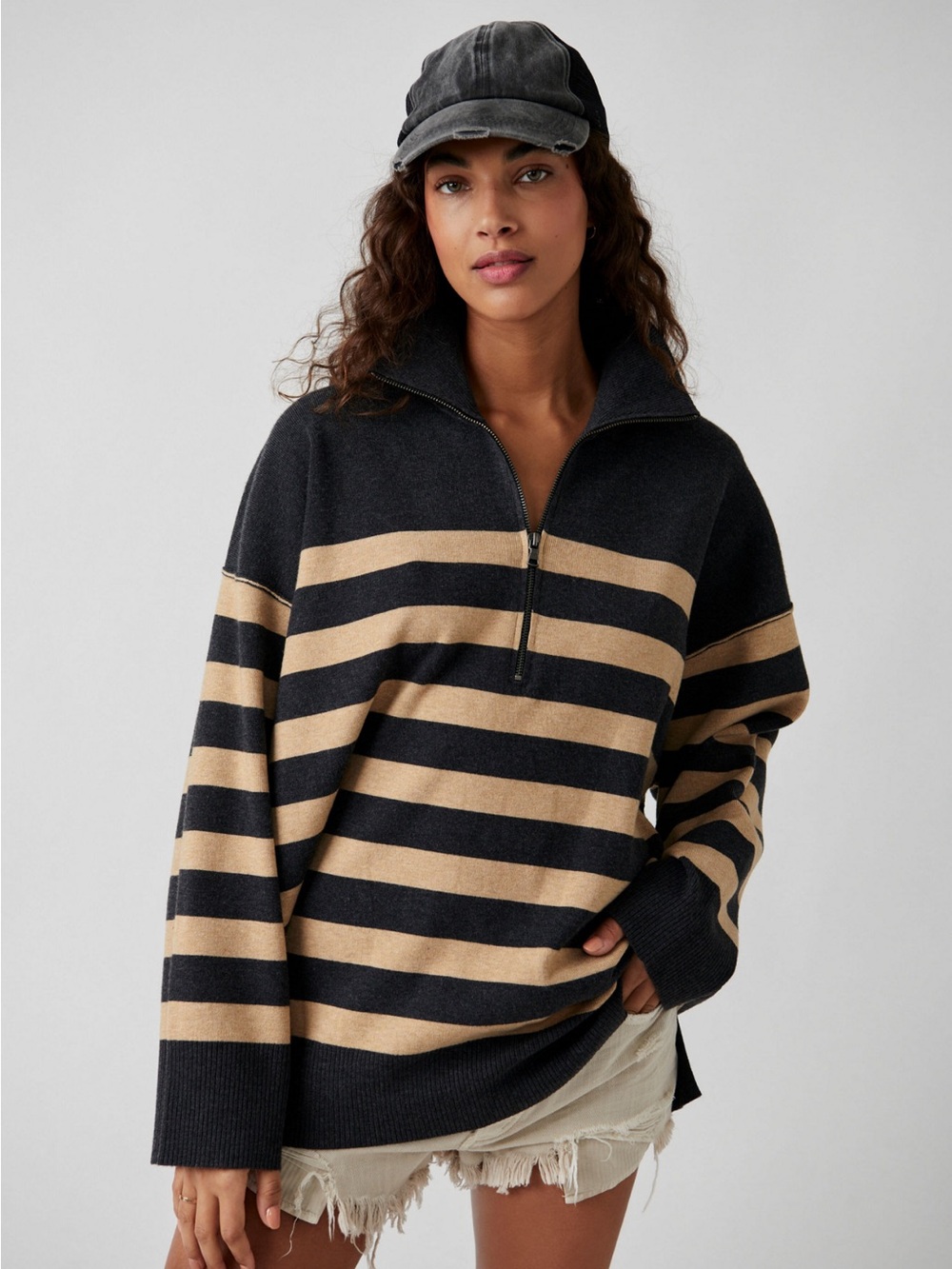 Free People coastal stripe sweater Charcoal Gray Knit Sweater with Signature Tab